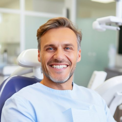 Man smiling in dental chair in Carrollton dental office