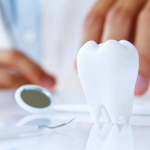 Model of tooth next to dental mirror on desk